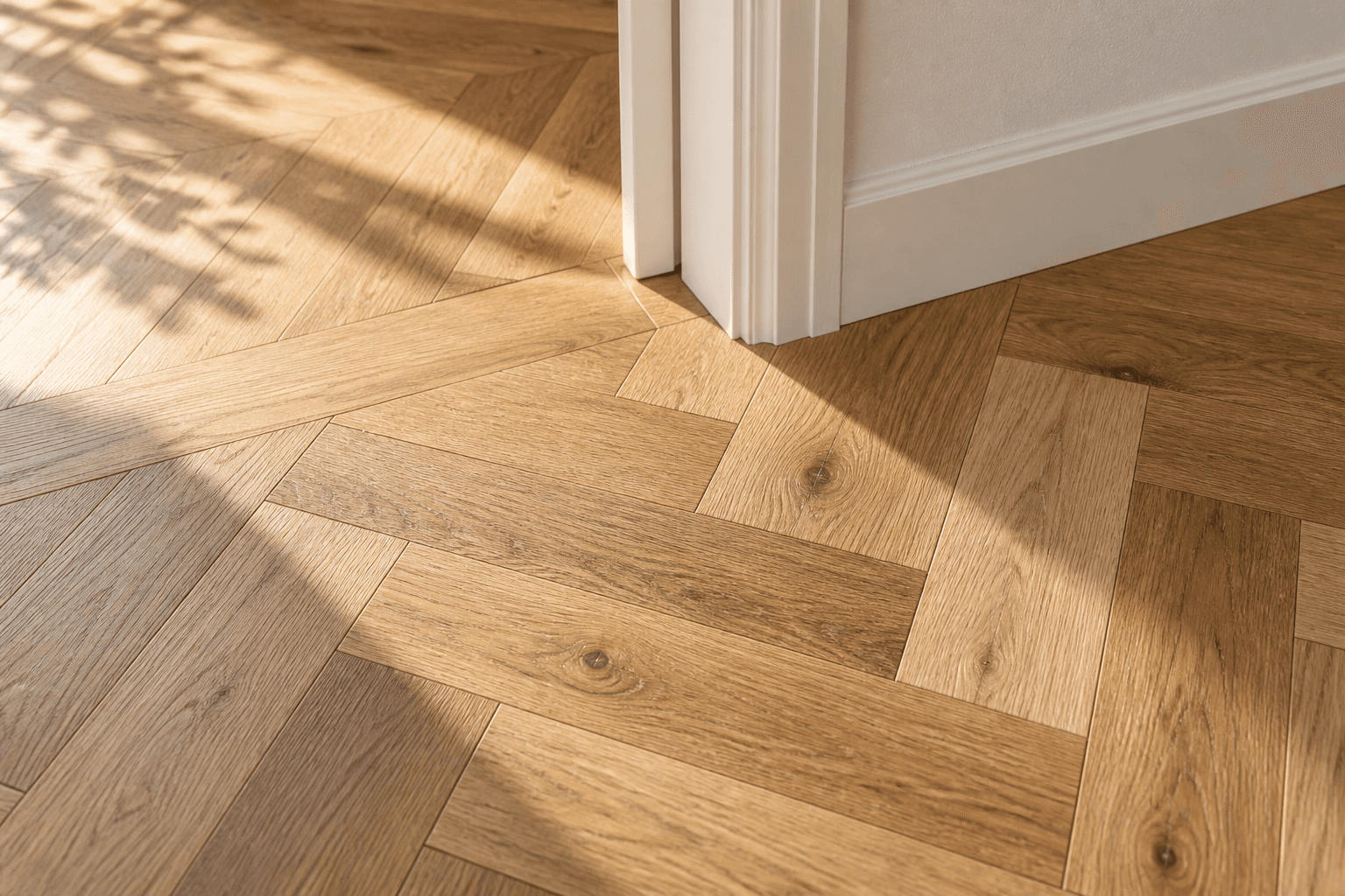 Natural oak herringbone flooring neatly meeting a doorway and white skirting