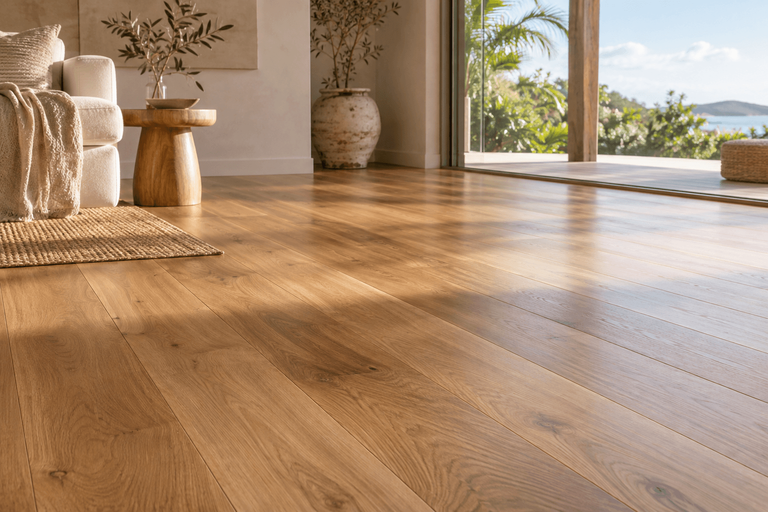 Warm timber floorboards across a light-filled coastal living room